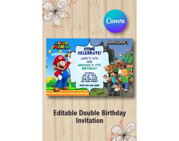 Twin Super Mario and Minecraft Birthday Invitation | Canva Template